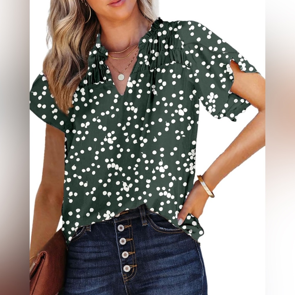 Women's V Neck Floral Print Smocked Short Sleeve Chiffon Blouse Size Medium